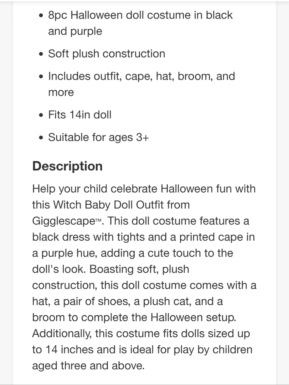 Gigglescape Witch Doll Costume with Plush Cat NWT - Picture 8 of 11
